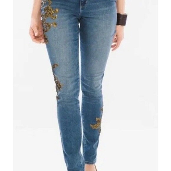 Chicos Platinum Jegging 0.5 Size 6 Gold Leaf Sequin Embellished Stretch Denim - Picture 10 of 12